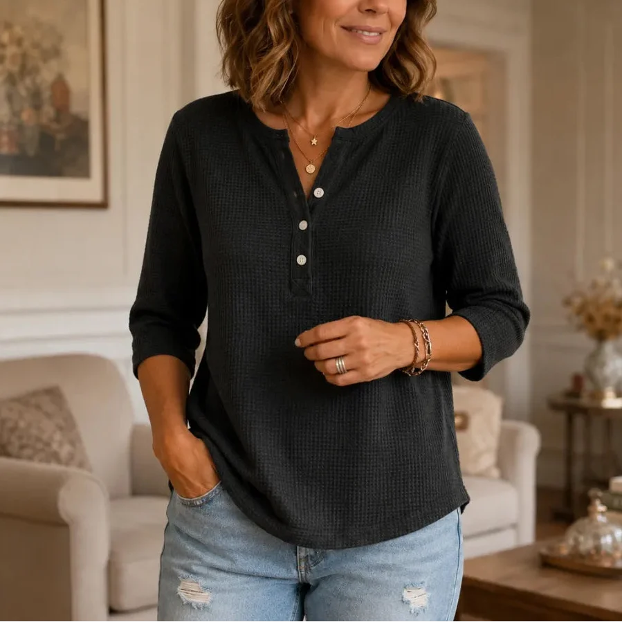 Loravia - Waffle Knit-Look Henley Top, 3/4 Sleeve Women's