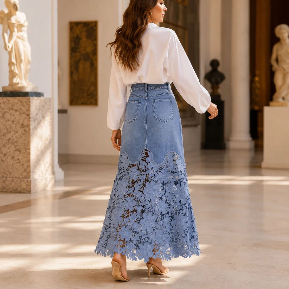 Florenza Lace Hem Skirt - Denim Women's Maxi Skirt