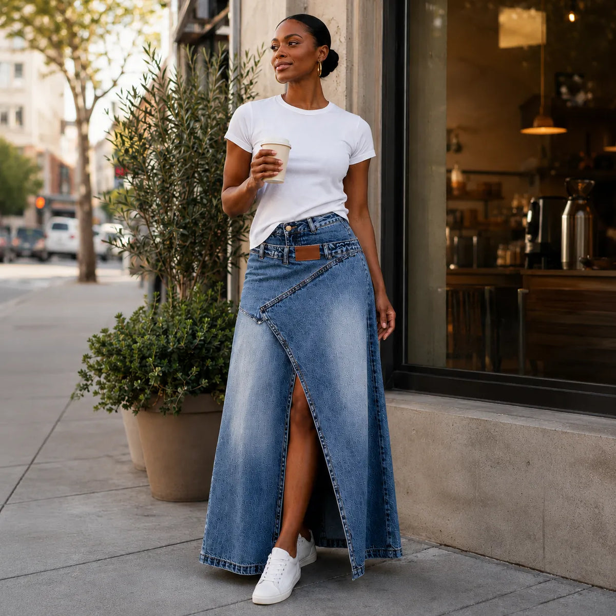 Saviera Denim Maxi Skirt - Women's Asymmetric Slit Skirt