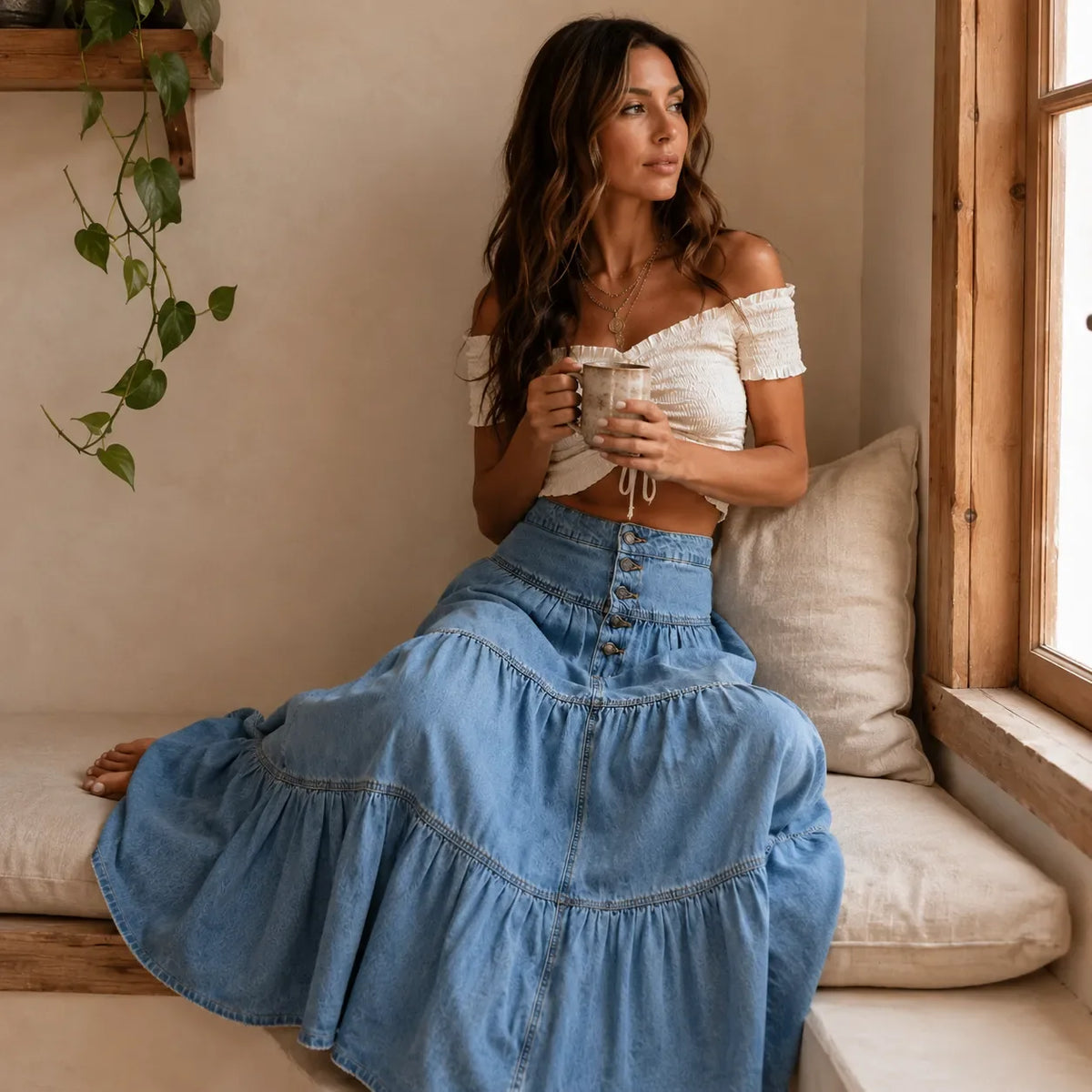 Romella Denim Maxi Skirt - Women's Tiered A-Line Skirt
