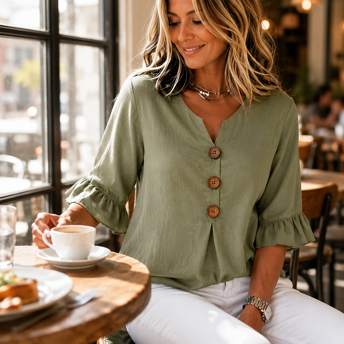 Laurelle - V-Neck Ruffle Sleeve Women's Button Blouse