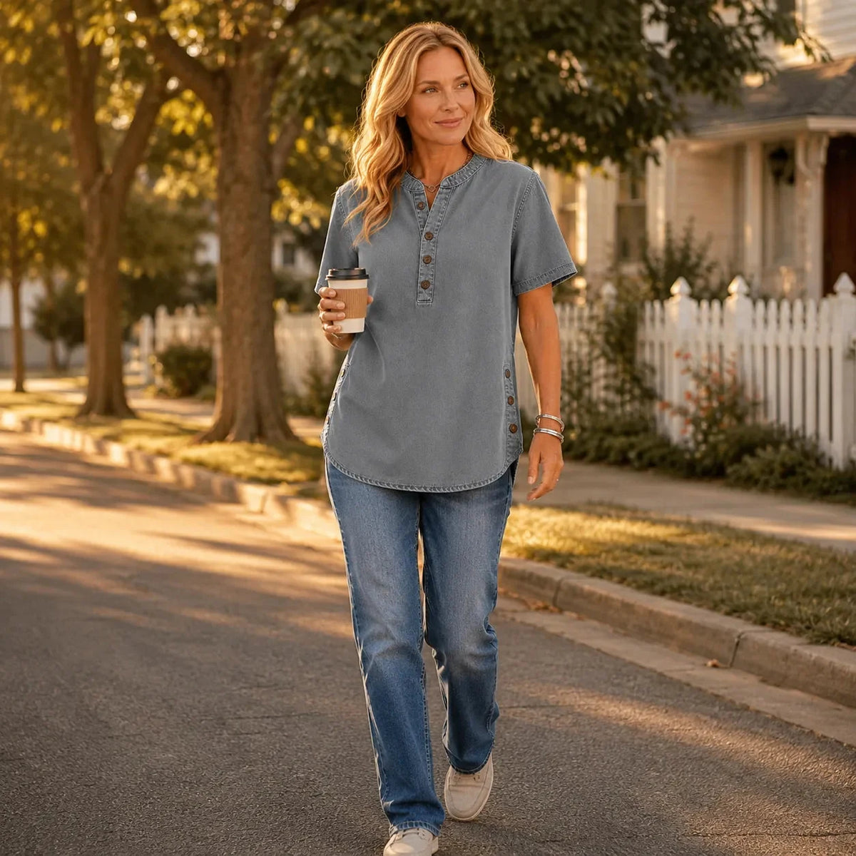 Avelyn - Henley Tunic Top with Side Buttons for Women