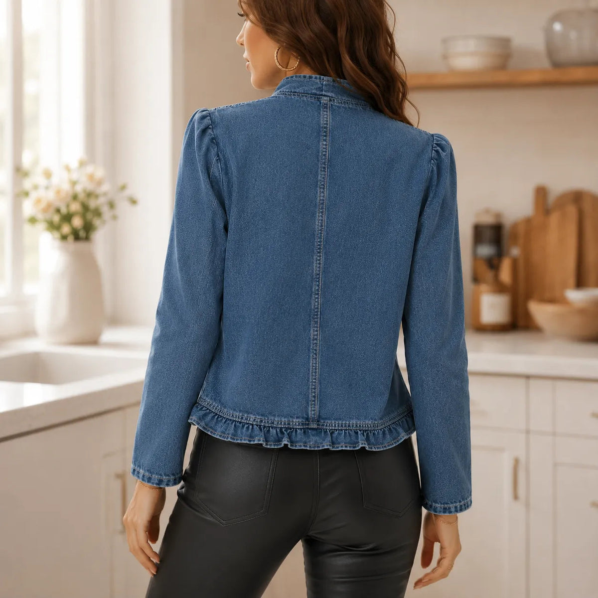 Florelle Ruffle Denim Look Jacket - Women's Open Front Top
