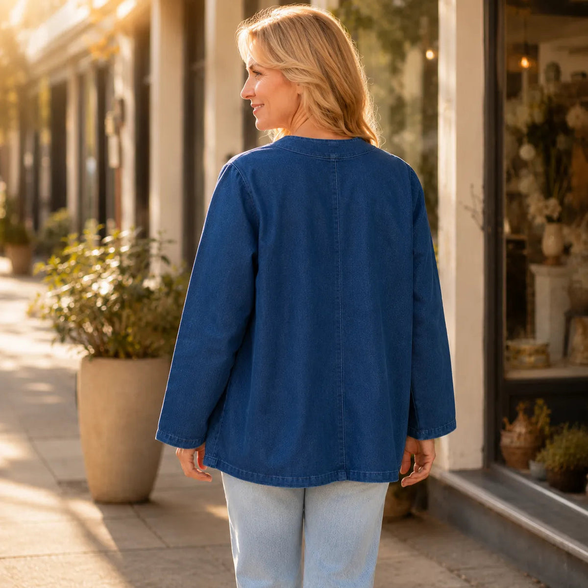 Verelle Collarless Denim Jacket - V-Neck Women's Jacket