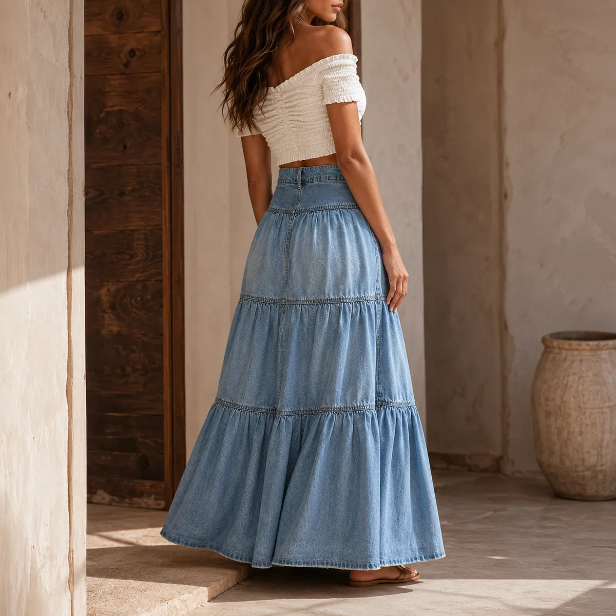 Romella Denim Maxi Skirt - Women's Tiered A-Line Skirt