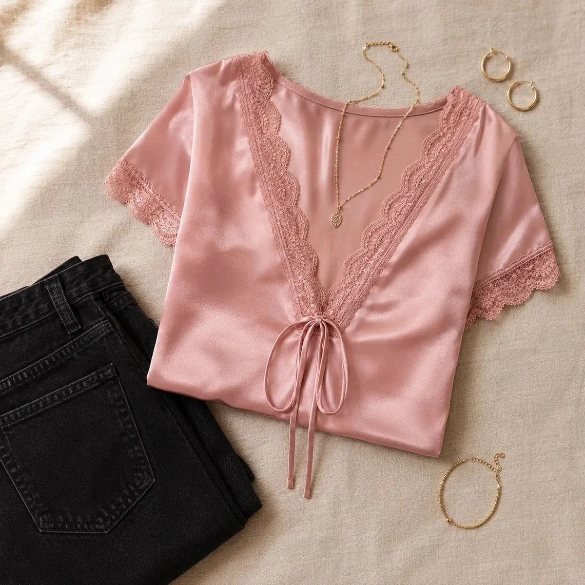 Lyselle - Satin-Look Lace V-Neck Tie-Front Women's Blouse