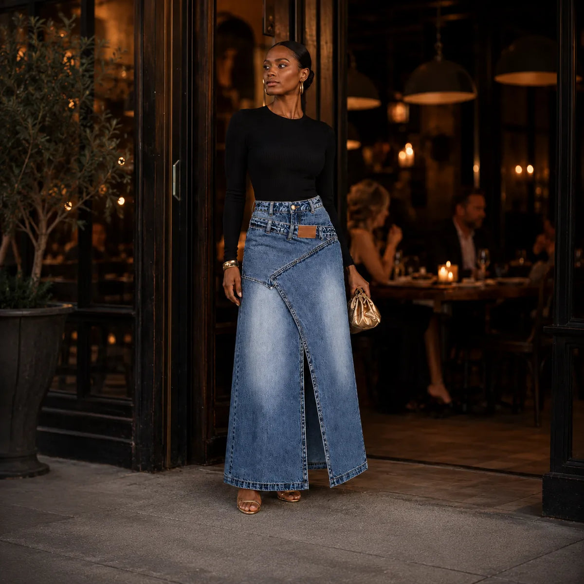 Saviera Denim Maxi Skirt - Women's Asymmetric Slit Skirt