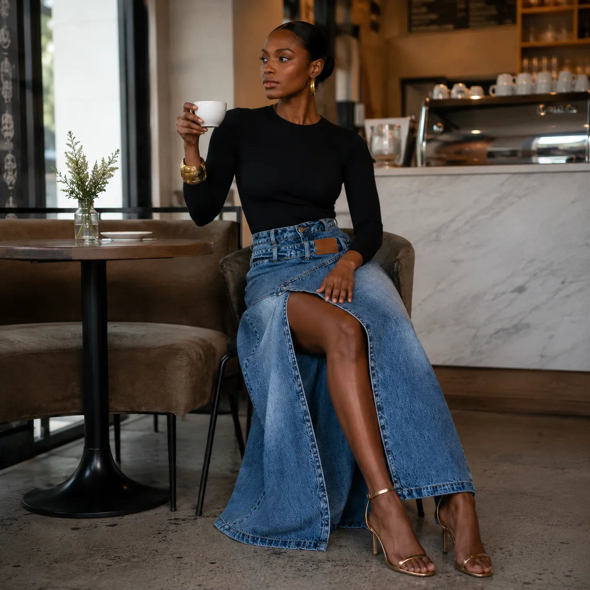 Saviera Denim Maxi Skirt - Women's Asymmetric Slit Skirt