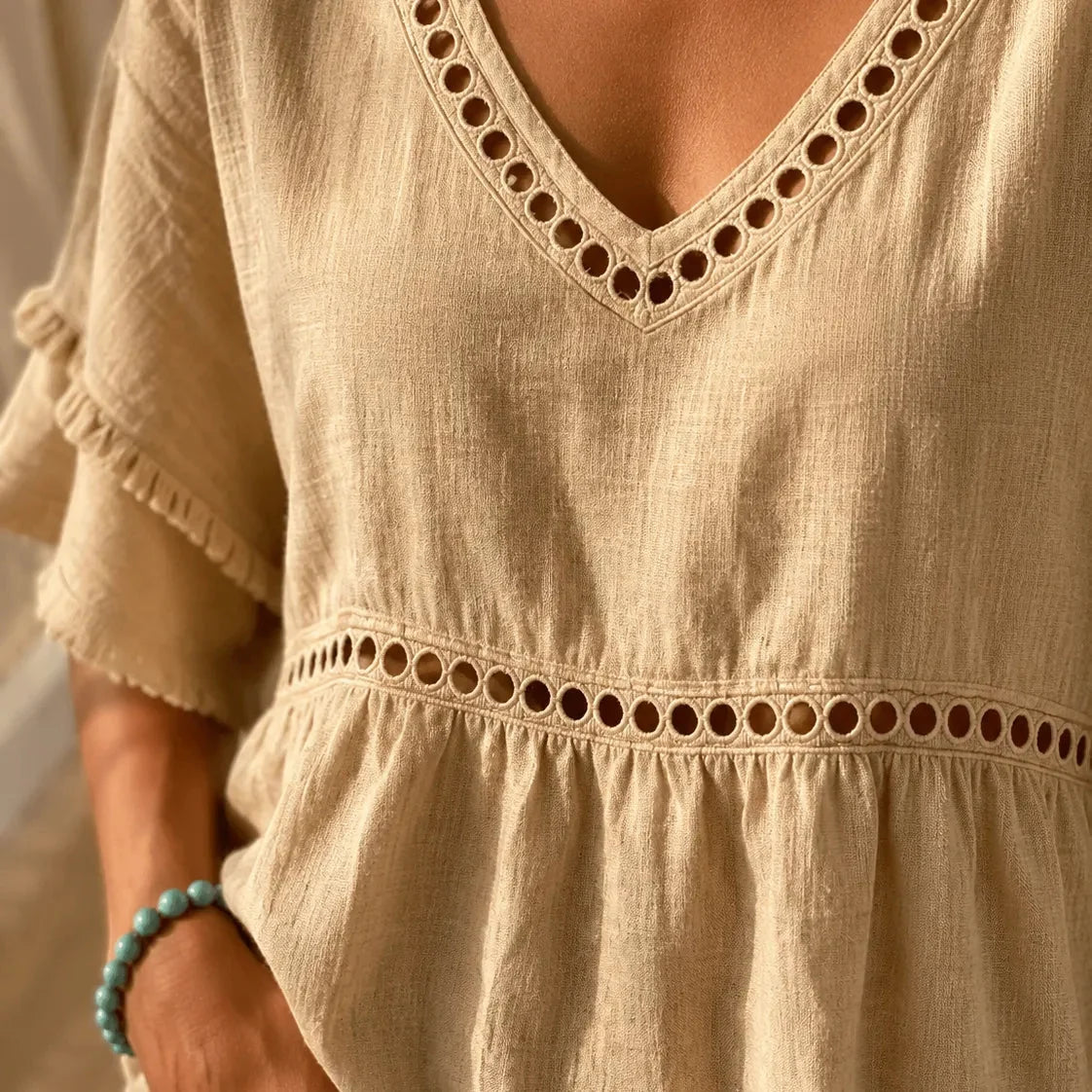 Meloria - Boho Babydoll Top with Eyelet and Fringe Hem