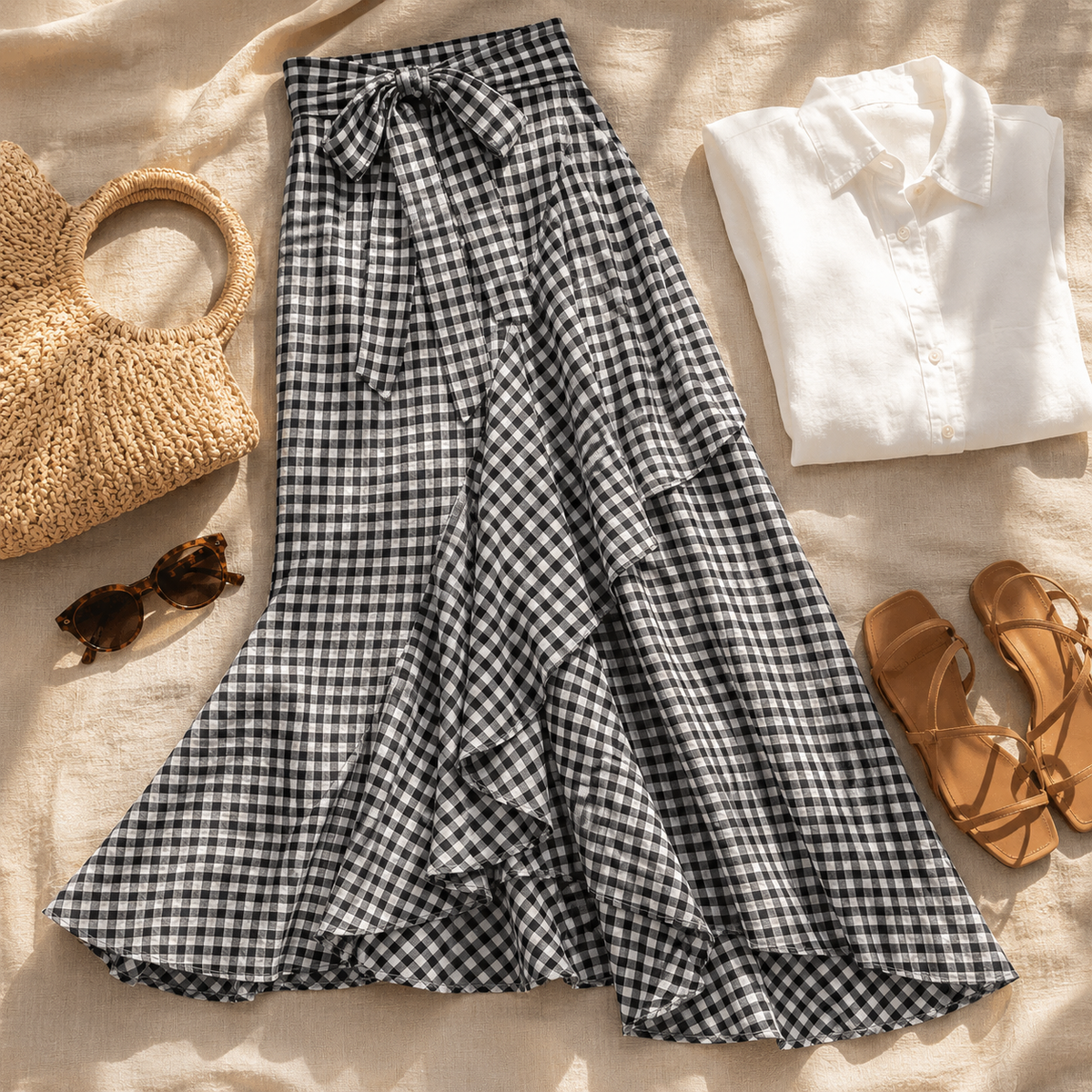 Veluna Gingham Maxi Skirt - Women's Ruffle Maxi Skirt
