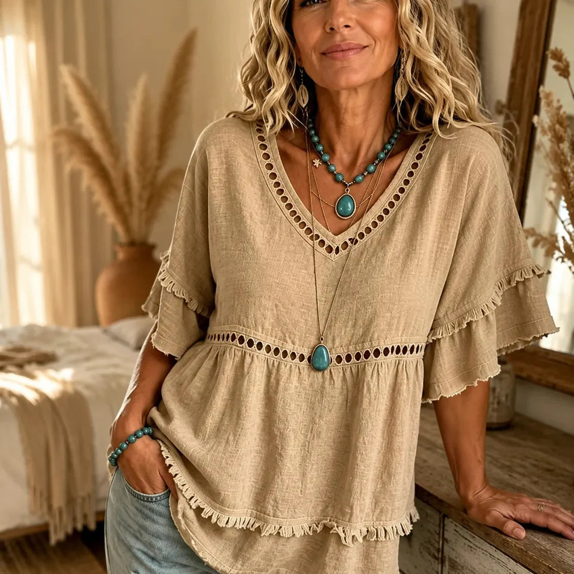 Meloria - Boho Babydoll Top with Eyelet and Fringe Hem