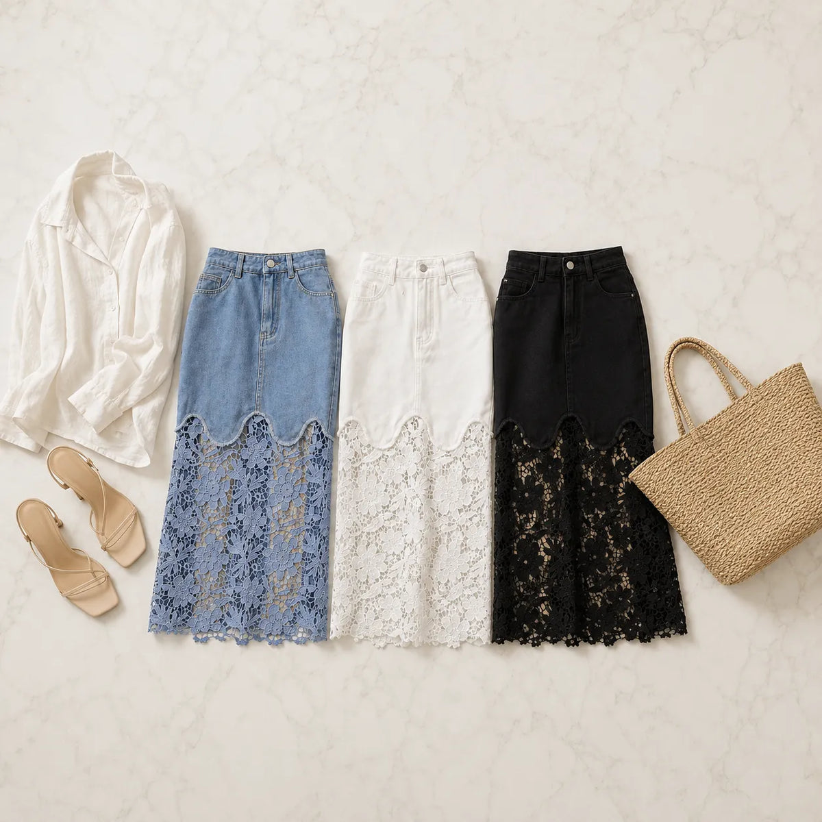 Florenza Lace Hem Skirt - Denim Women's Maxi Skirt