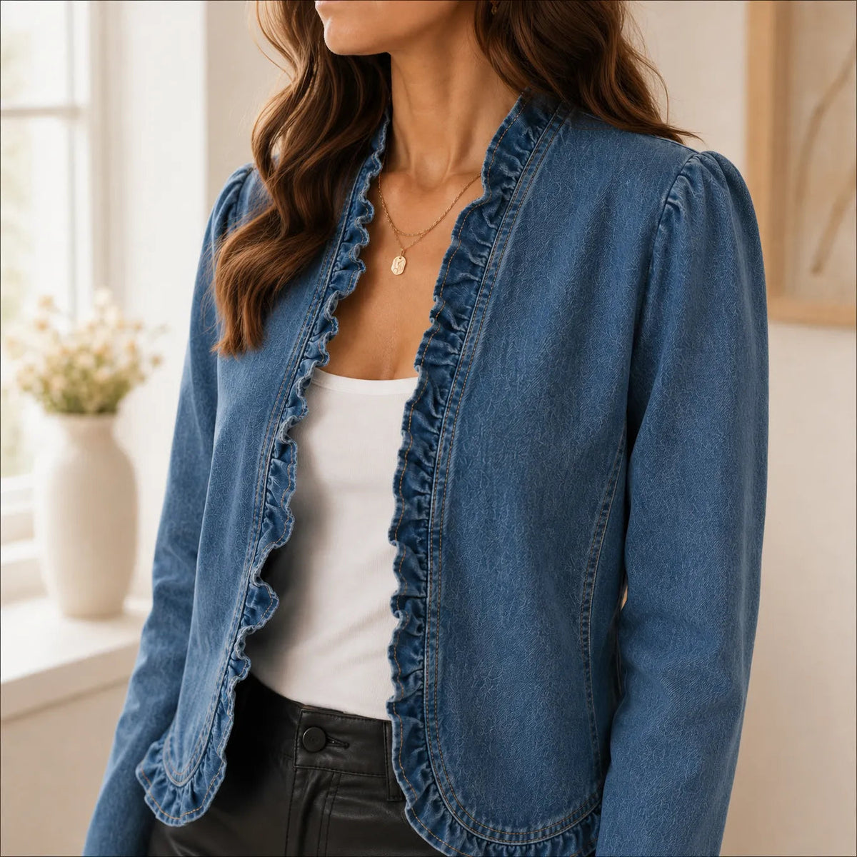 Florelle Ruffle Denim Look Jacket - Women's Open Front Top