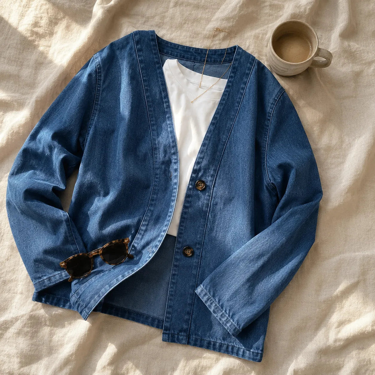 Verelle Collarless Denim Jacket - V-Neck Women's Jacket