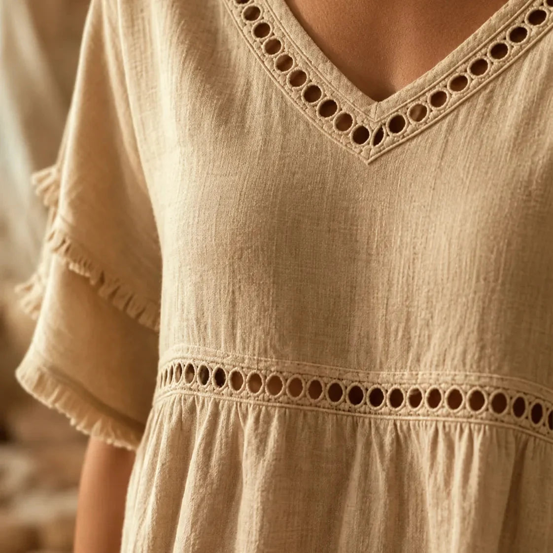 Meloria - Boho Babydoll Top with Eyelet and Fringe Hem