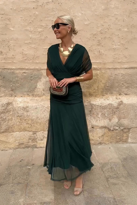 Livia V-Neck Maxi Dress - Women's Pleated Waist Dress