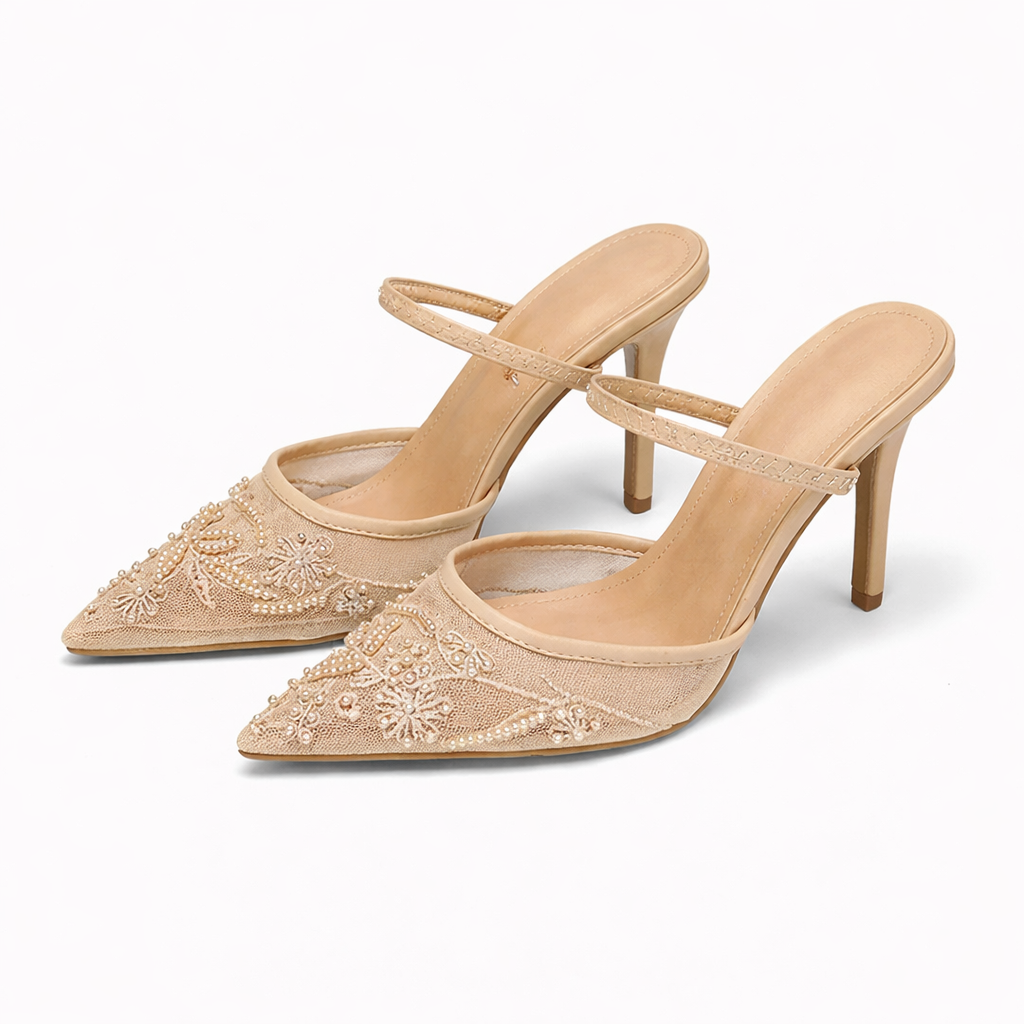 Embroidered Mesh Mule Heels - Women's Pointed Heels