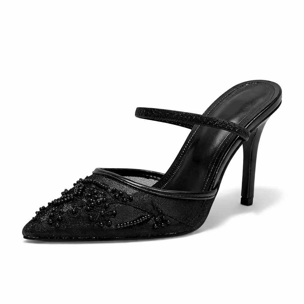 Embroidered Mesh Mule Heels - Women's Pointed Heels