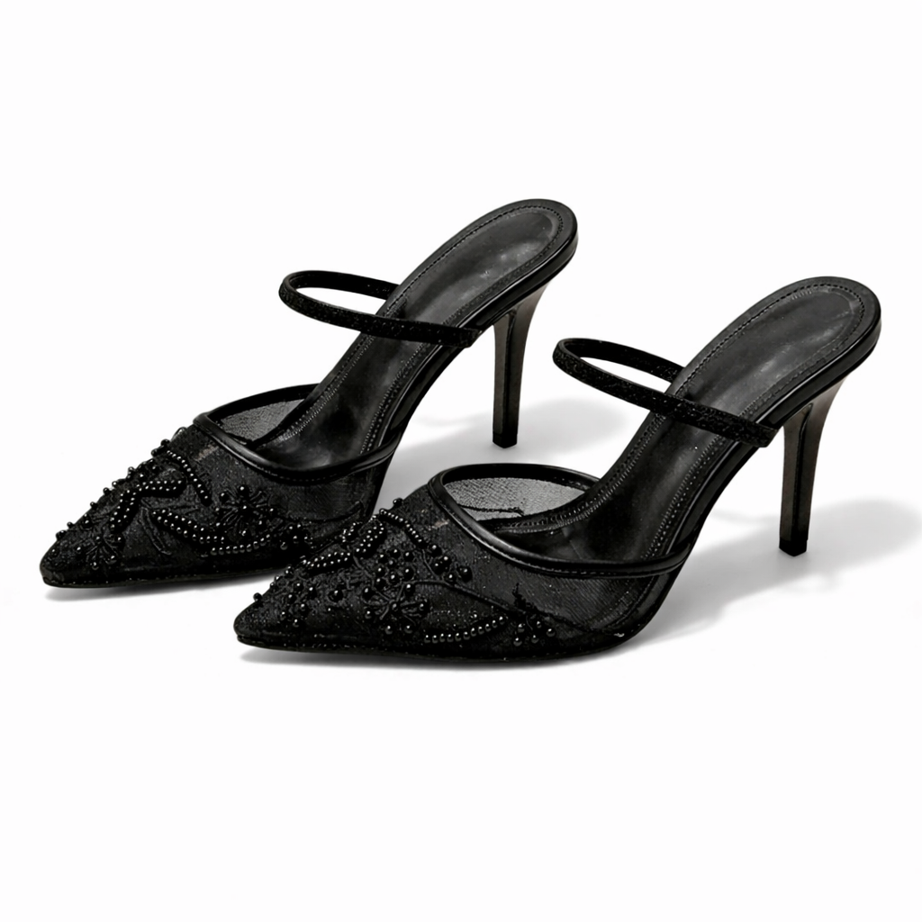 Embroidered Mesh Mule Heels - Women's Pointed Heels