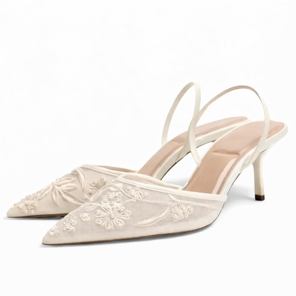 Embroidered Mesh Mule Heels - Women's Pointed Heels