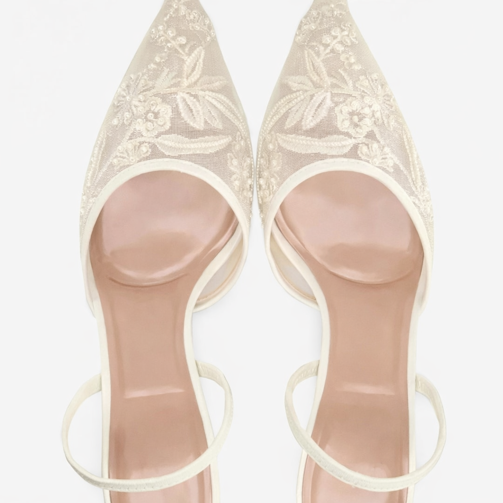 Embroidered Mesh Mule Heels - Women's Pointed Heels