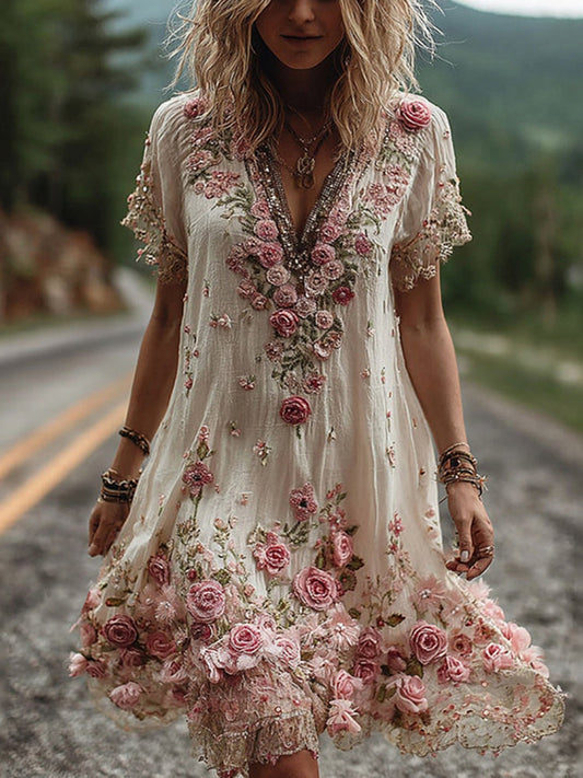 Ruby Embroidered Dress - Floral V-Neck Women's Dress