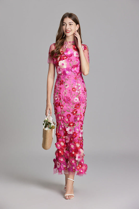 Floral Appliqué Midi Dress - Women's Wedding Guest Dress