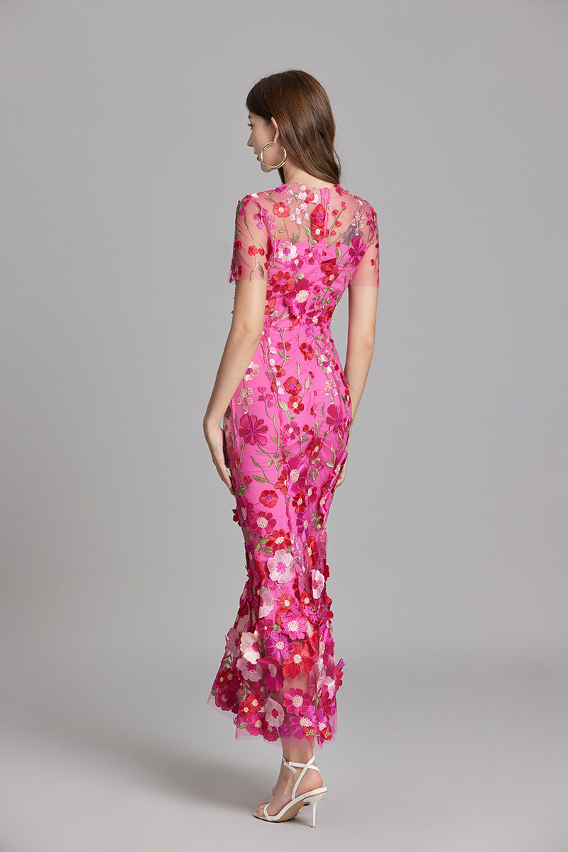 Floral Appliqué Midi Dress - Women's Wedding Guest Dress