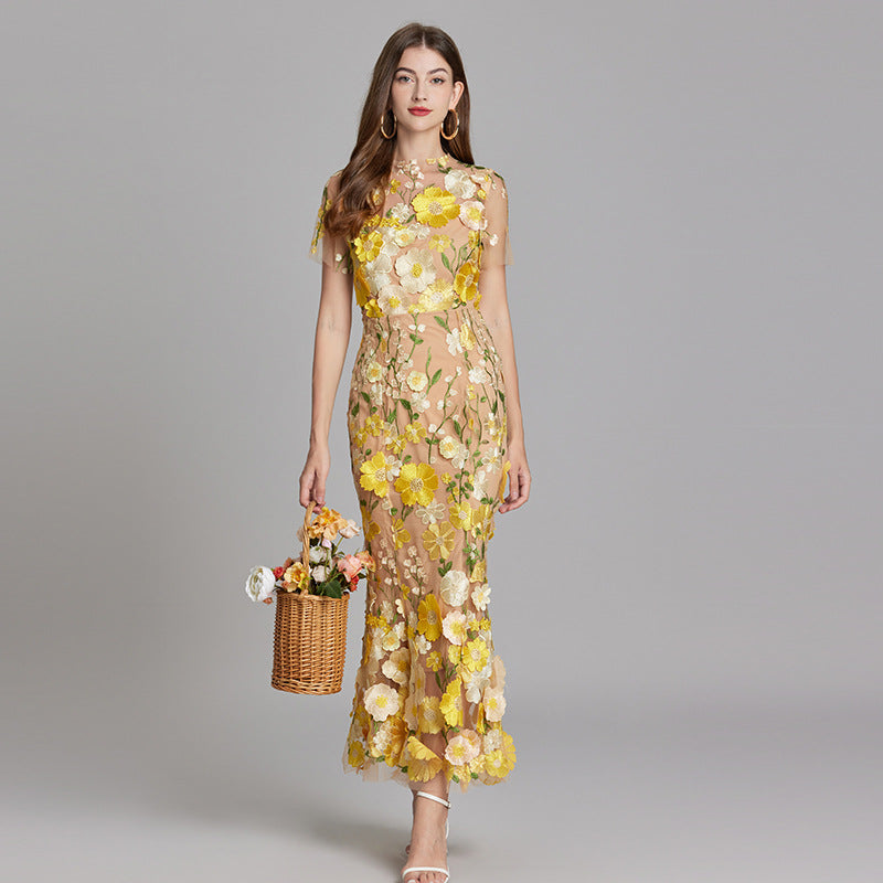 Floral Appliqué Midi Dress - Women's Wedding Guest Dress