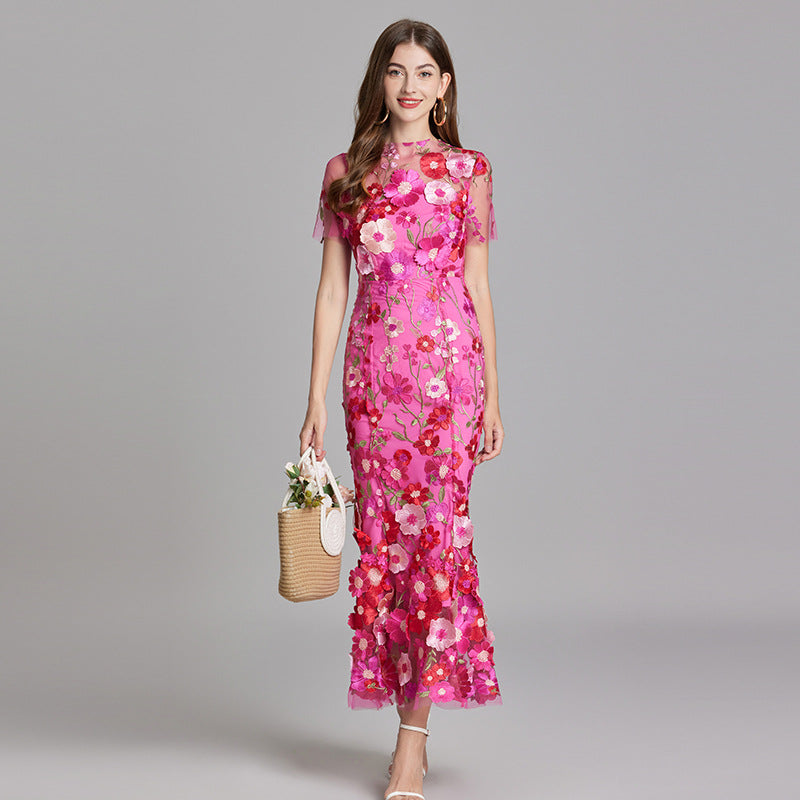 Floral Appliqué Midi Dress - Women's Wedding Guest Dress