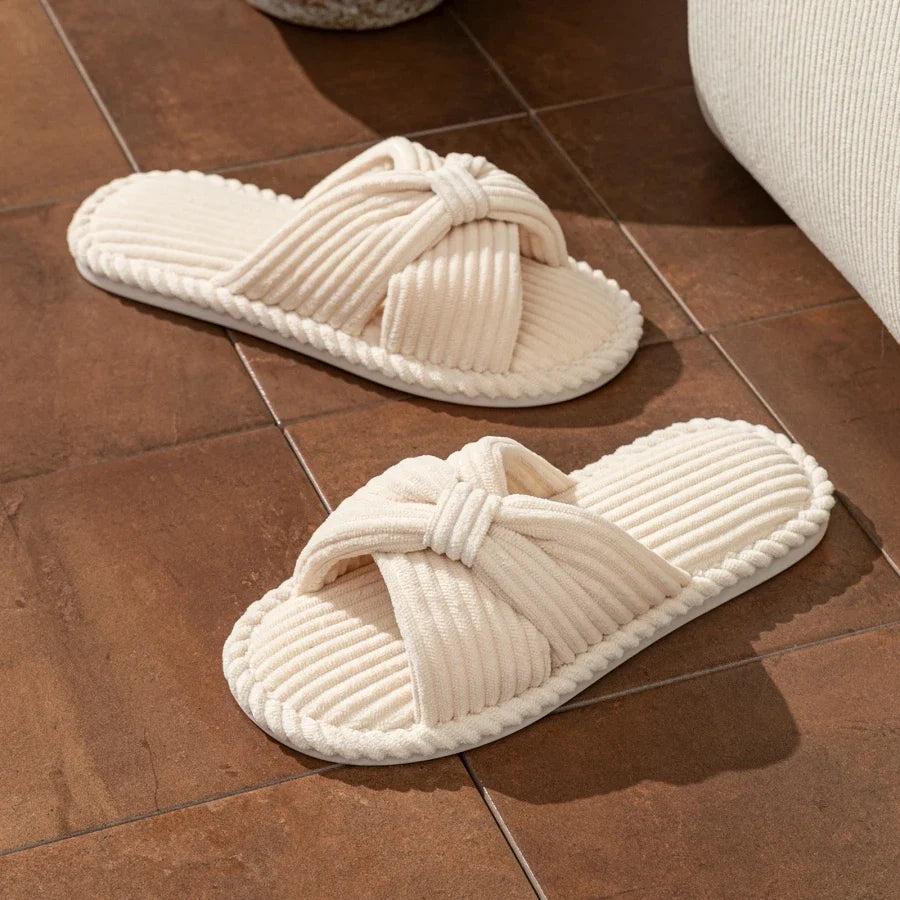 Fiora Plush Slippers - Open Toe Corduroy Slippers