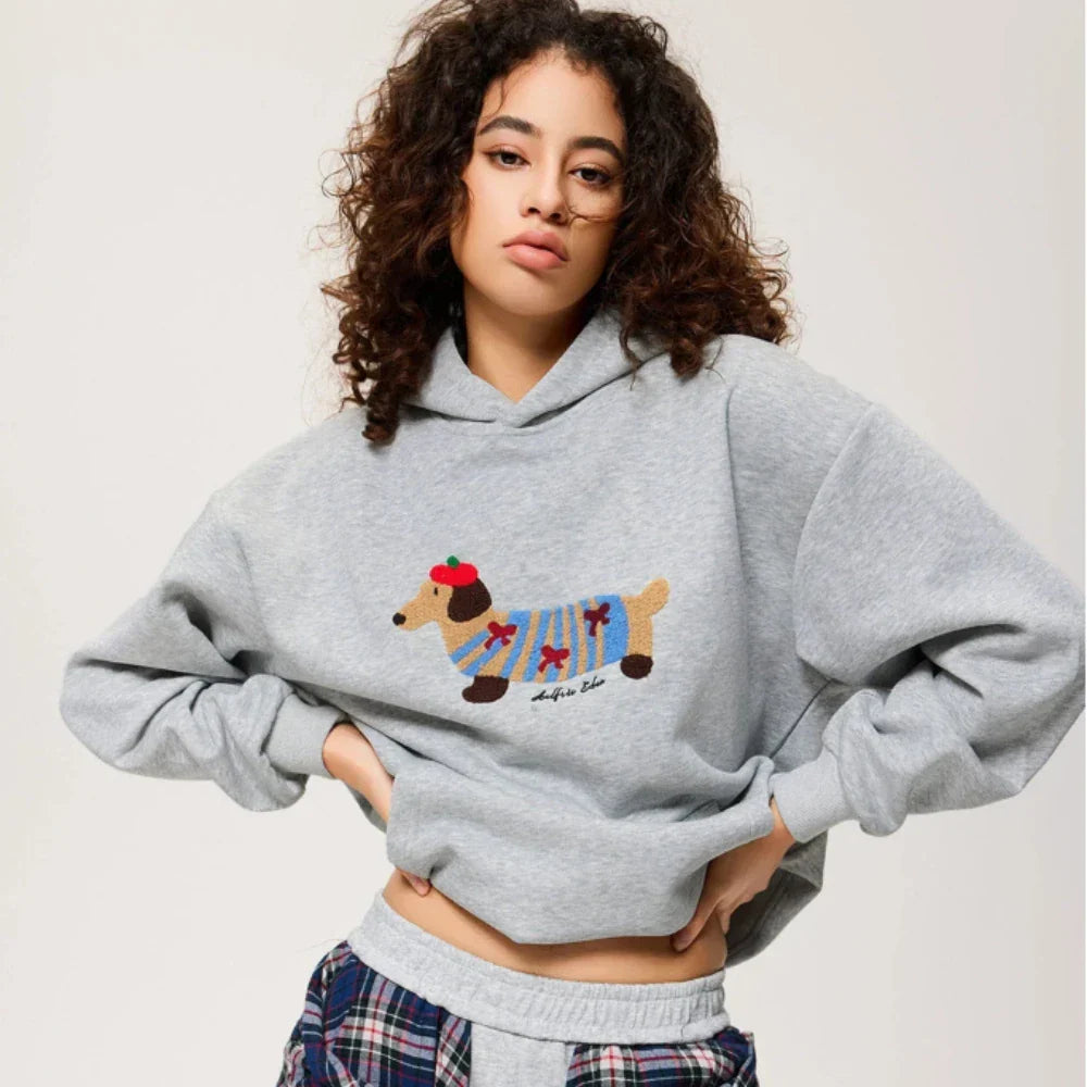 Embroidered Dachshund Hoodie - Oversized Women's Pullover