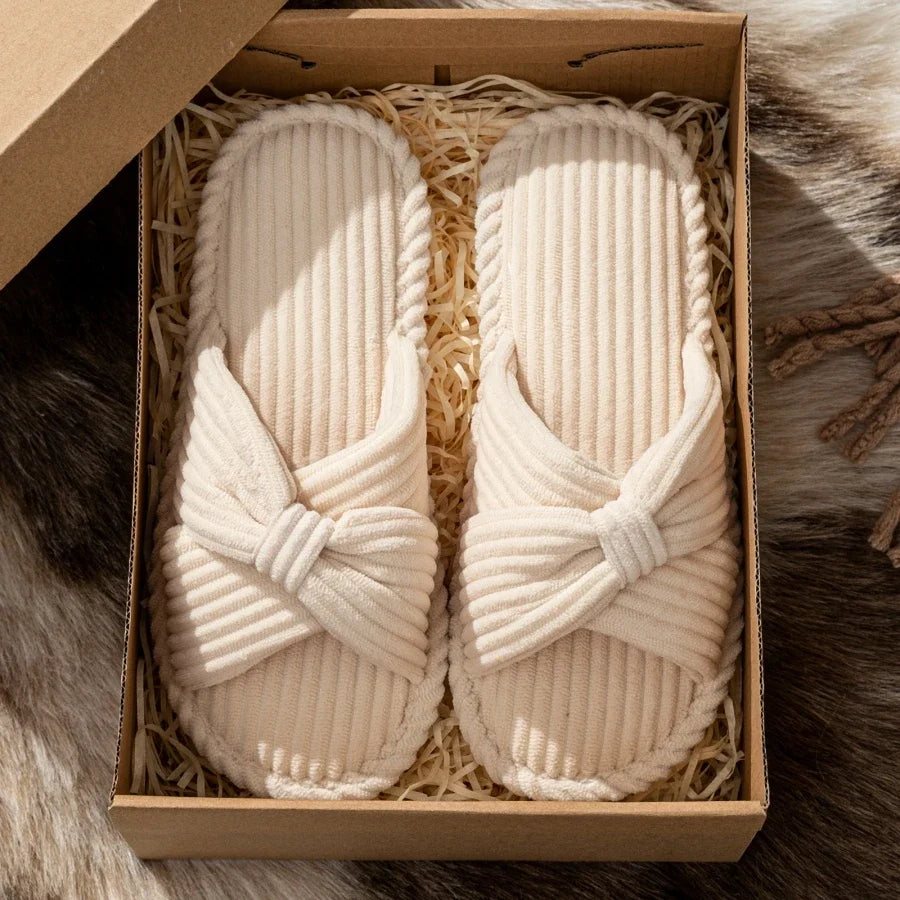 Fiora Plush Slippers - Open Toe Corduroy Slippers