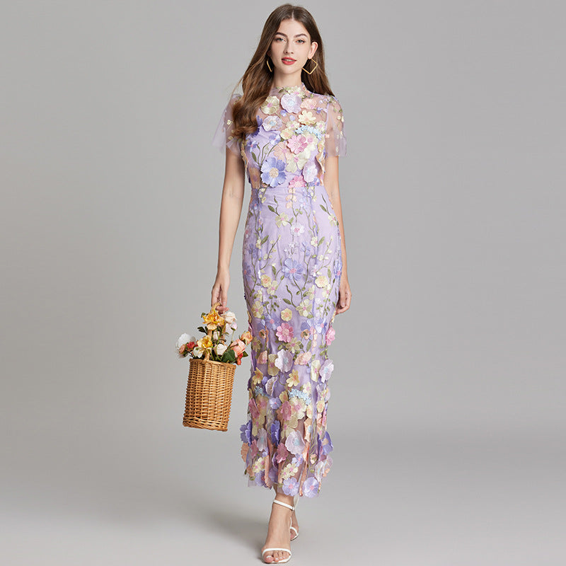 Floral Appliqué Midi Dress - Women's Wedding Guest Dress