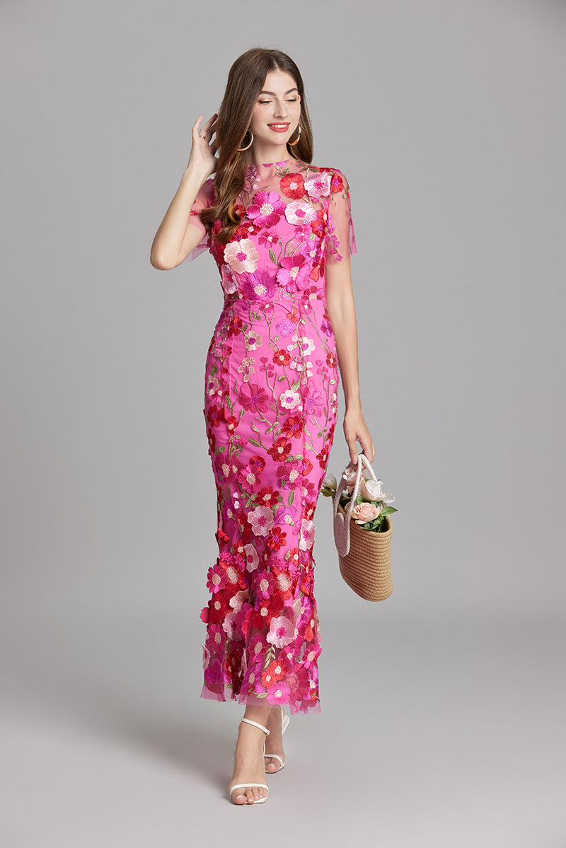 Floral Appliqué Midi Dress - Women's Wedding Guest Dress
