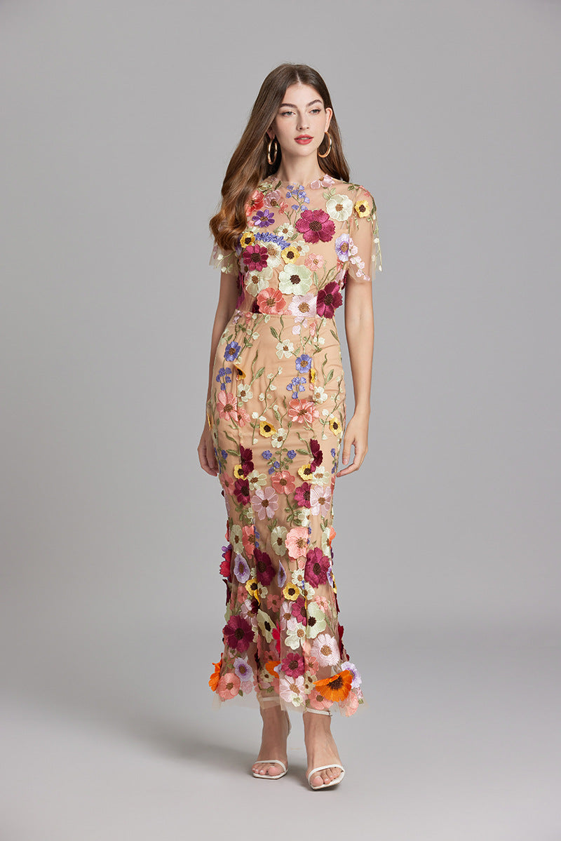 Floral Appliqué Midi Dress - Women's Wedding Guest Dress