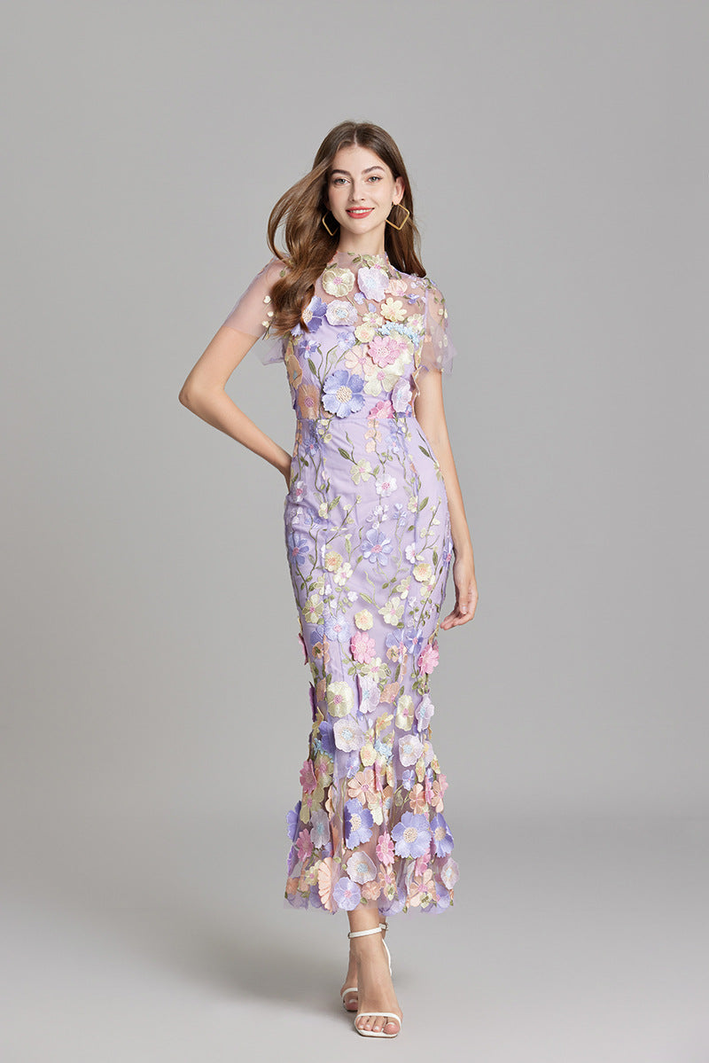 Floral Appliqué Midi Dress - Women's Wedding Guest Dress