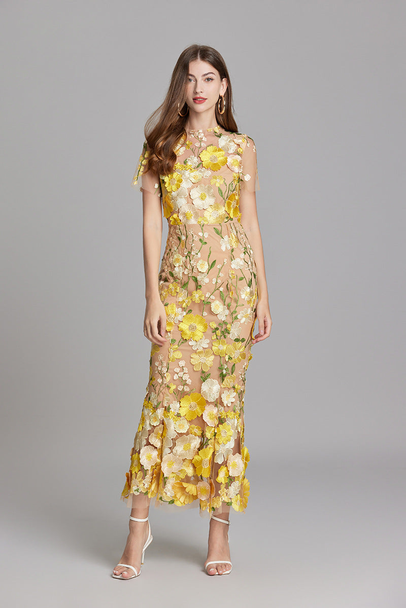 Floral Appliqué Midi Dress - Women's Wedding Guest Dress