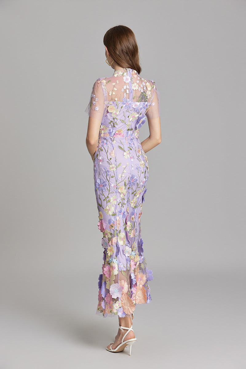 Floral Appliqué Midi Dress - Women's Wedding Guest Dress