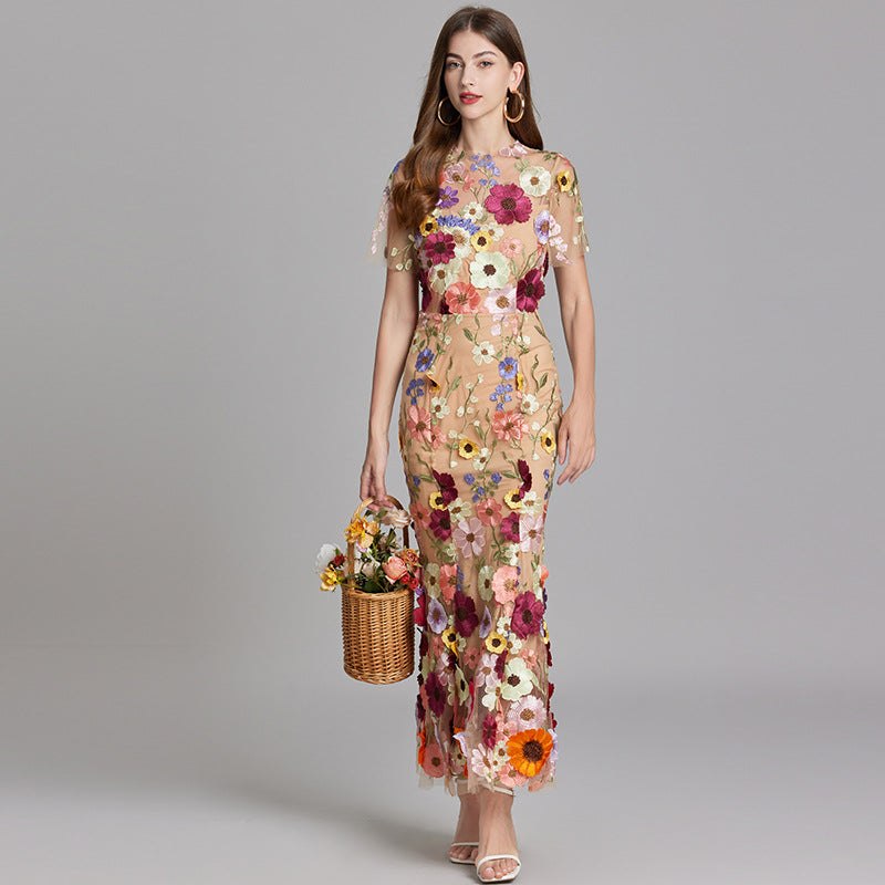 Floral Appliqué Midi Dress - Women's Wedding Guest Dress