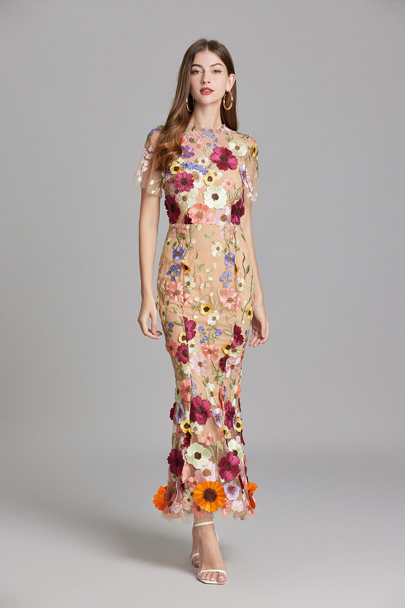Floral Appliqué Midi Dress - Women's Wedding Guest Dress