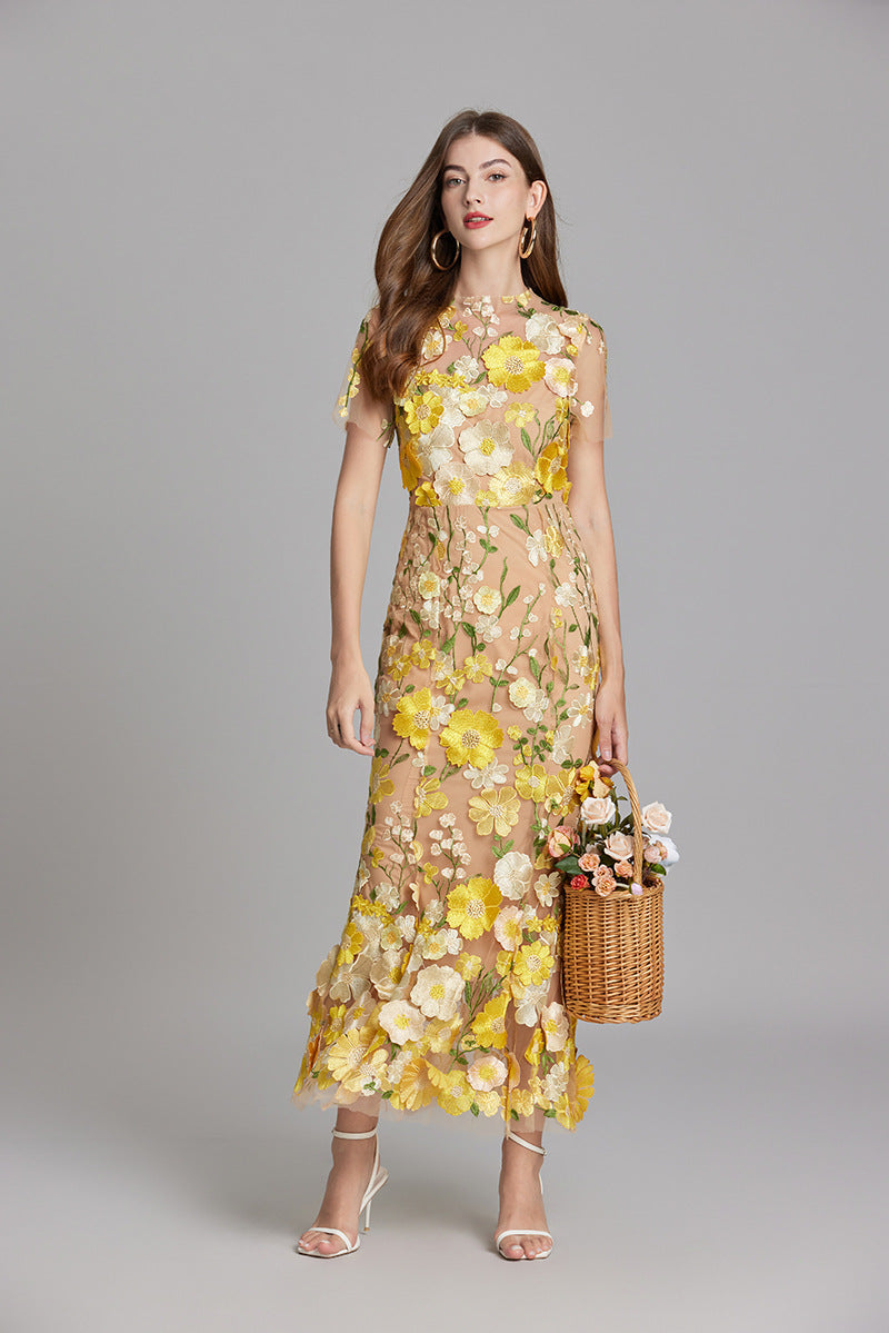 Floral Appliqué Midi Dress - Women's Wedding Guest Dress