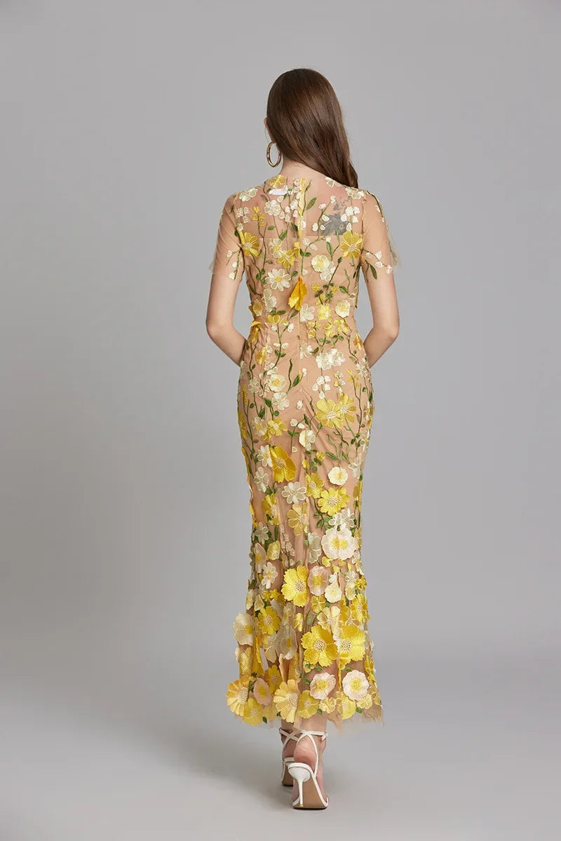 Floral Appliqué Midi Dress - Women's Wedding Guest Dress