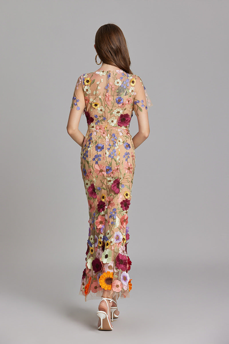 Floral Appliqué Midi Dress - Women's Wedding Guest Dress