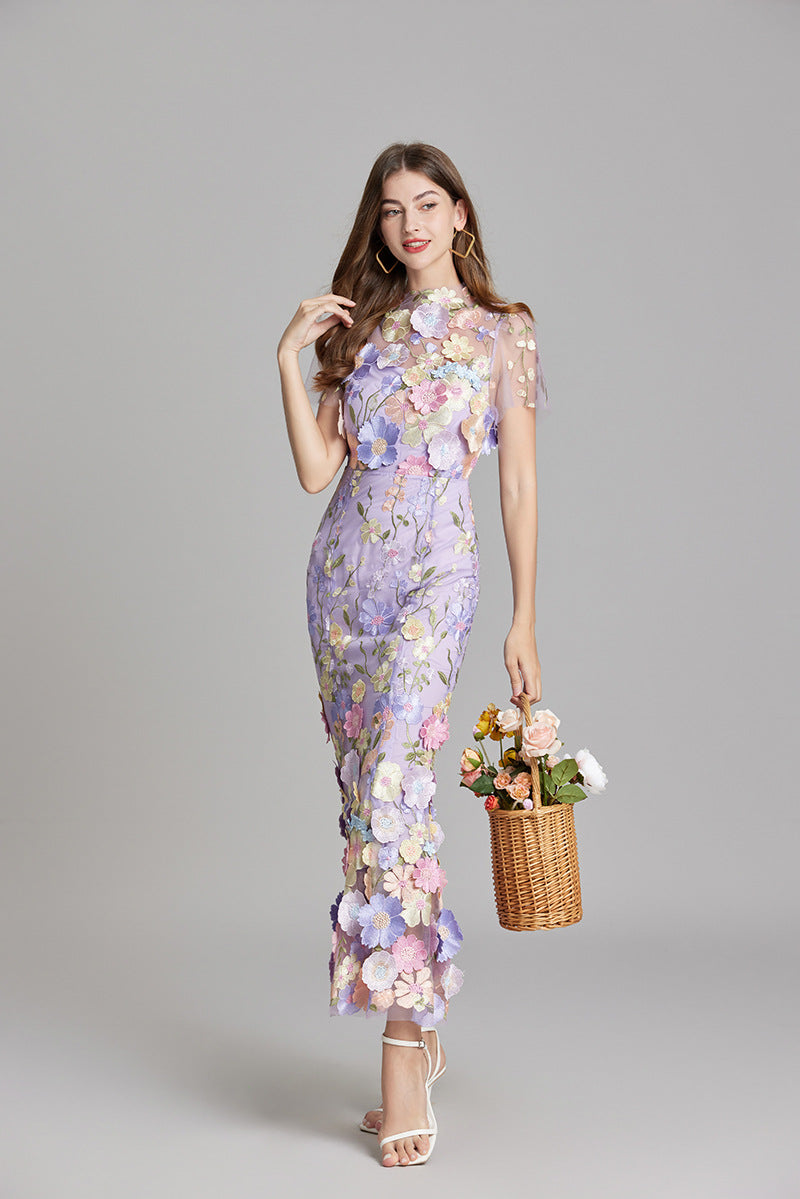 Floral Appliqué Midi Dress - Women's Wedding Guest Dress