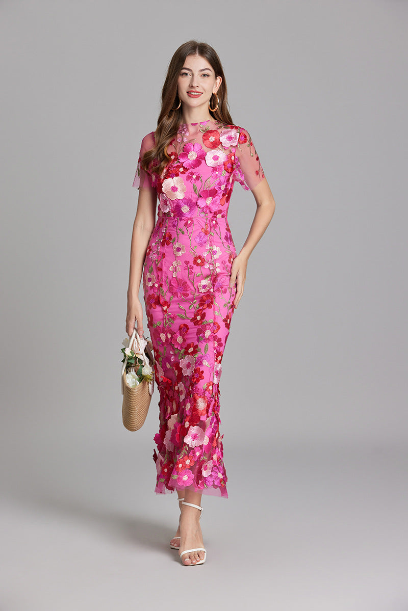 Floral Appliqué Midi Dress - Women's Wedding Guest Dress