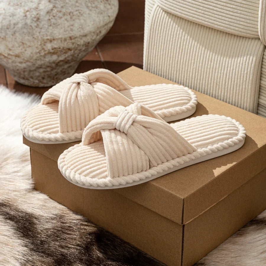 Fiora Plush Slippers - Open Toe Corduroy Slippers