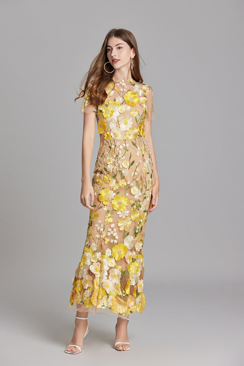 Floral Appliqué Midi Dress - Women's Wedding Guest Dress