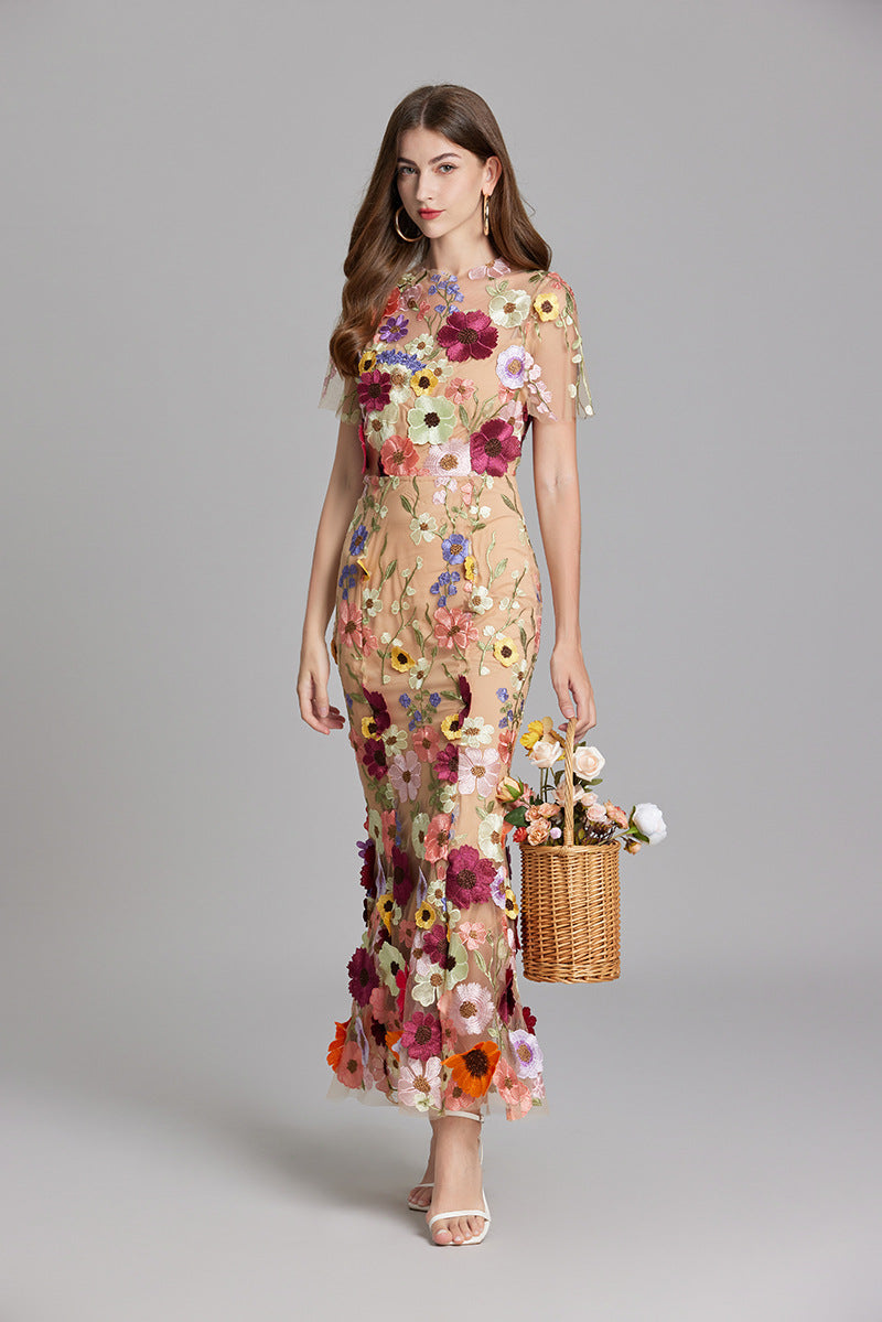 Floral Appliqué Midi Dress - Women's Wedding Guest Dress