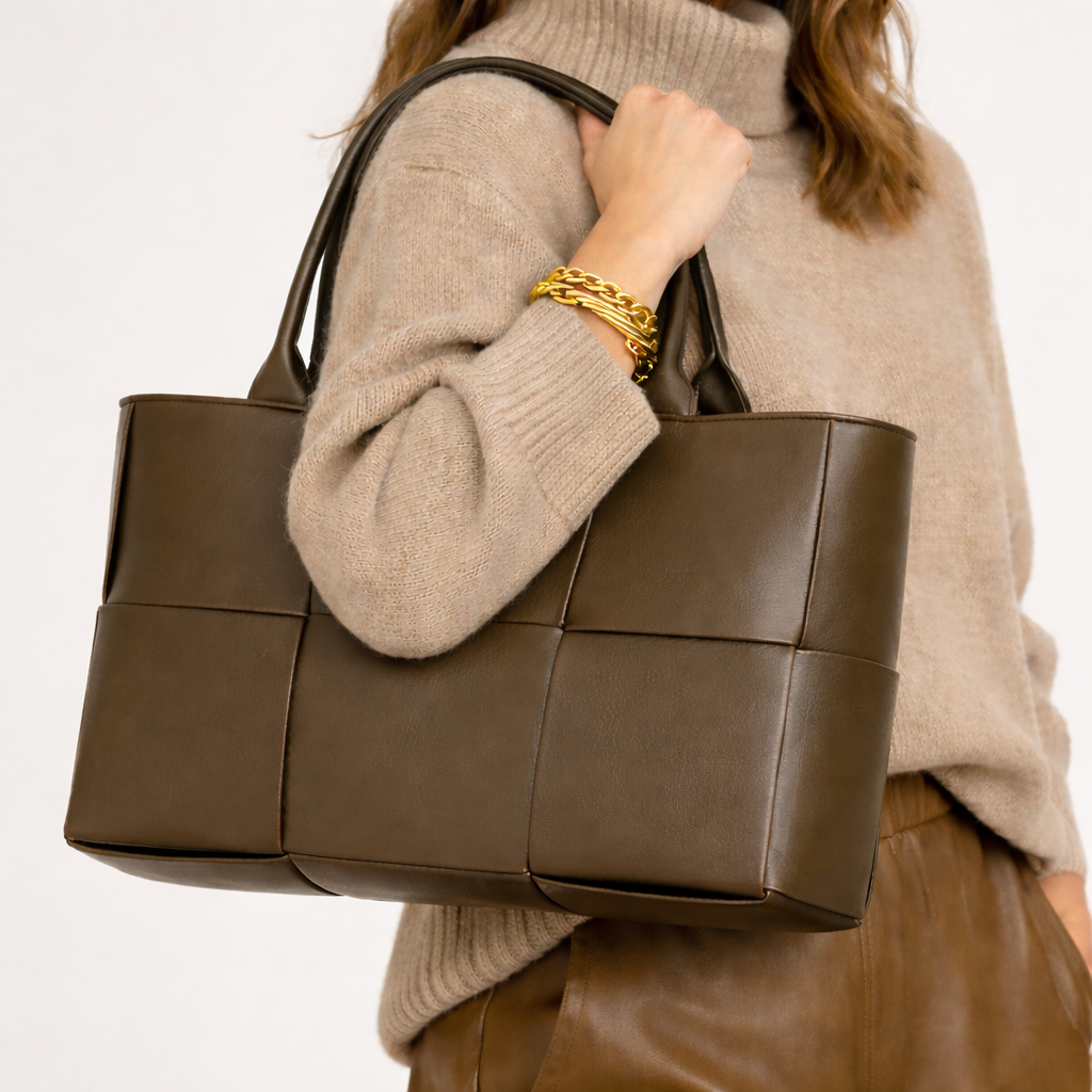Woven Tote Bag - Soft Vegan Leather Women's Shoulder Tote